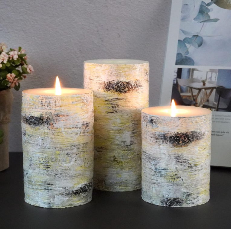 Set of 3 Cylindrical Candles with Realistic Birch Bark Texture